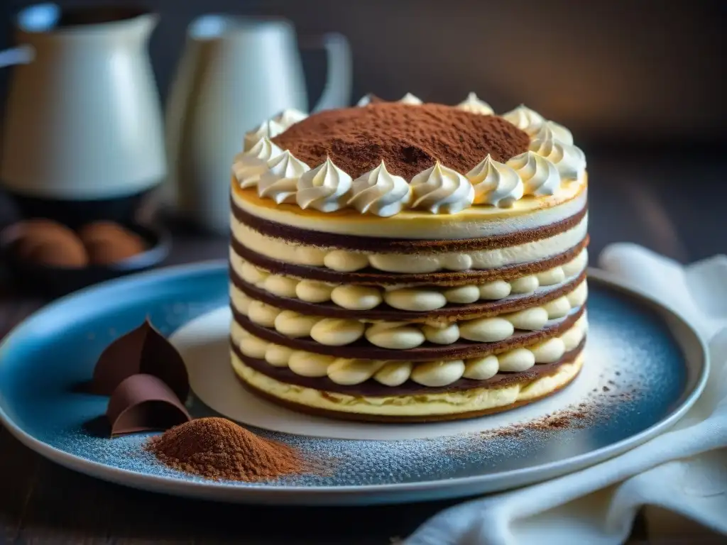 Detalle de un exquisito Tiramisú italiano, con capas de bizcochos en espresso y crema de mascarpone, cubierto de cacao