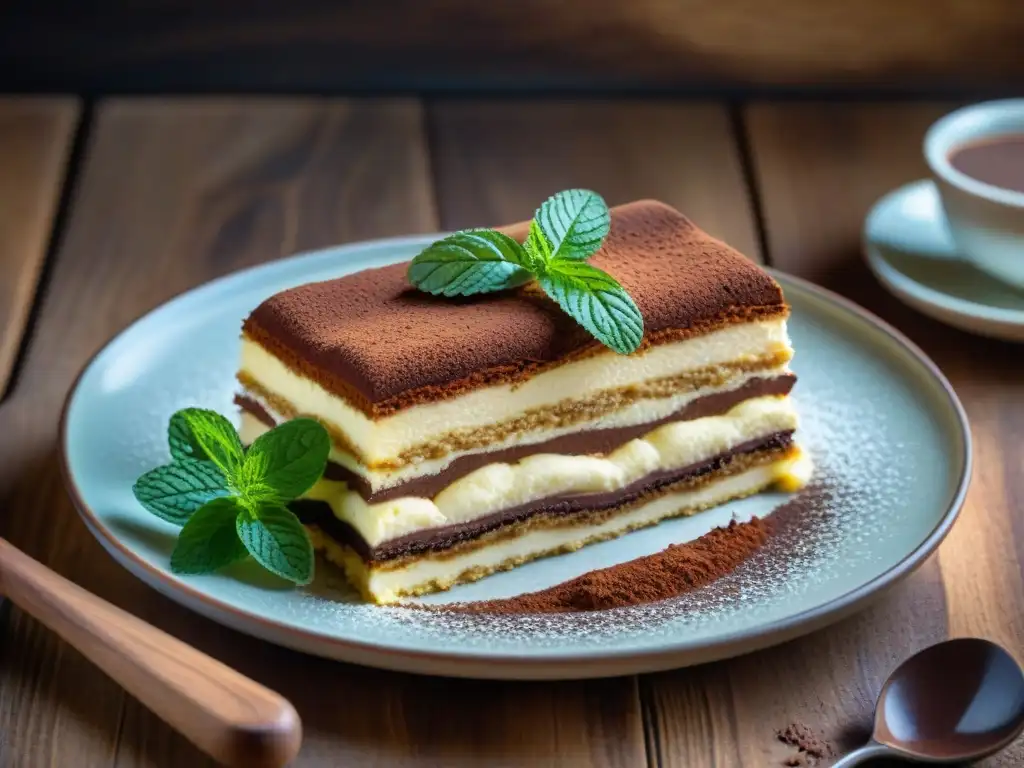 Delicioso tiramisú artesanal: capas de sabor y tradición italiana Detalle de un exquisito tiramisú italiano en plato de cerámica vintage, con menta fresca, sobre mesa de madera