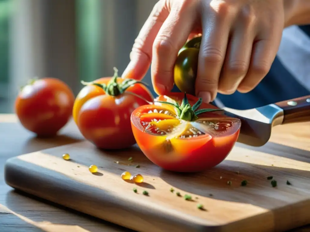 Detalle exquisito de tomates rojos rebanados por manos expertas en cocina italiana, mostrando la tradición del secado de tomates