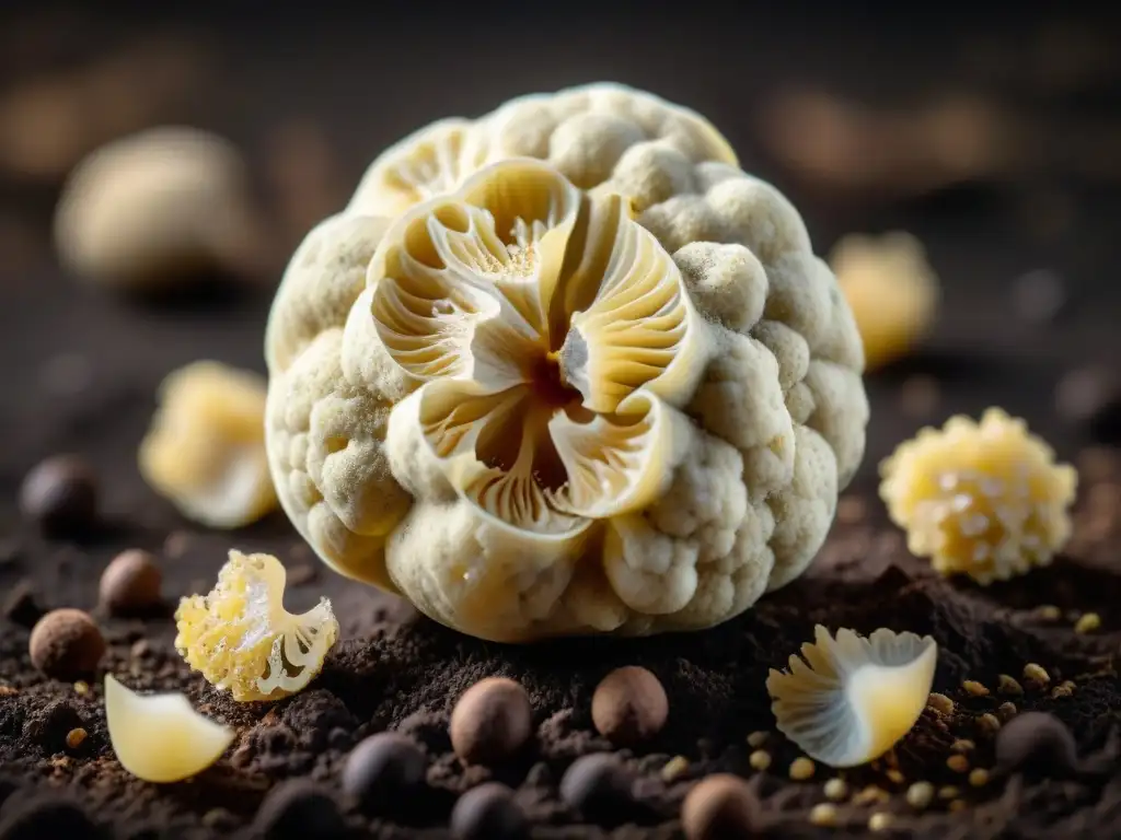 Detalle exquisito de una trufa blanca de Alba, norte de Italia, en su lecho de tierra oscura