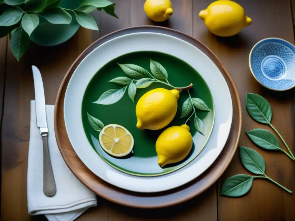 Detalle exquisito de una vajilla italiana de limones y vegetación, en mesa de madera rústica