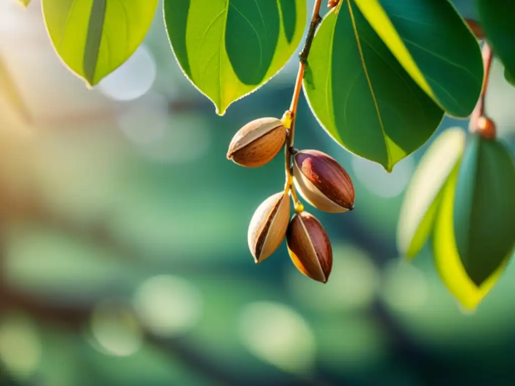 Detalle fascinante de almendras amargas italianas madurando en rama, bajo la luz del sol entre hojas verdes