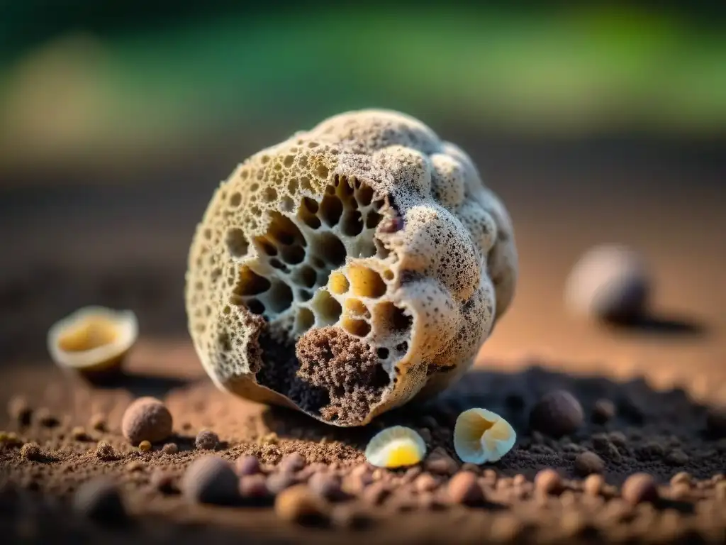 Detalle fascinante de una trufa recién desenterrada, con forma irregular y colores terrosos