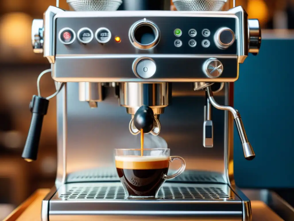 Detalle fascinante de una innovadora máquina de café espresso italiana, mostrando su precisión y tecnología