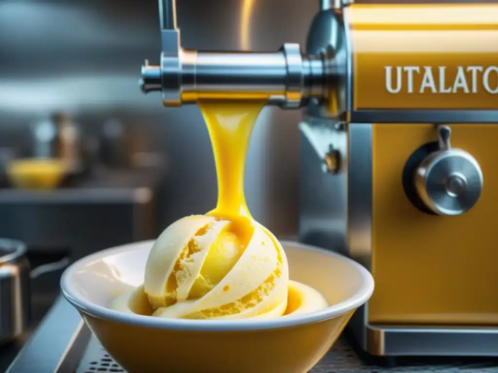 Detalle fascinante de una máquina italiana de hacer helado, elaborando sorbetto limone