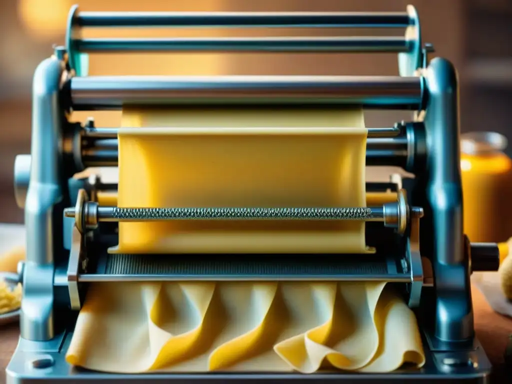 Detalle fascinante de una máquina de pasta vintage con engranajes de bronce, harina y manos expertas