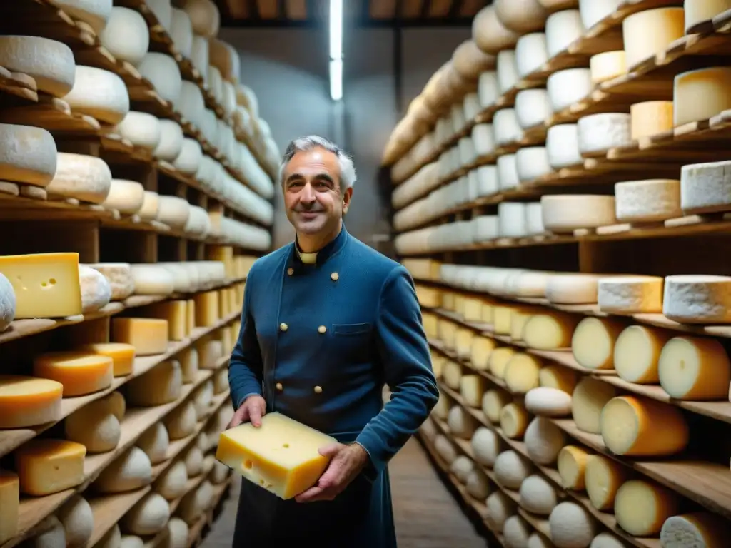 Detalle fascinante del queso italiano envejeciendo en bodega tradicional, destacando las técnicas afinación quesos italianos