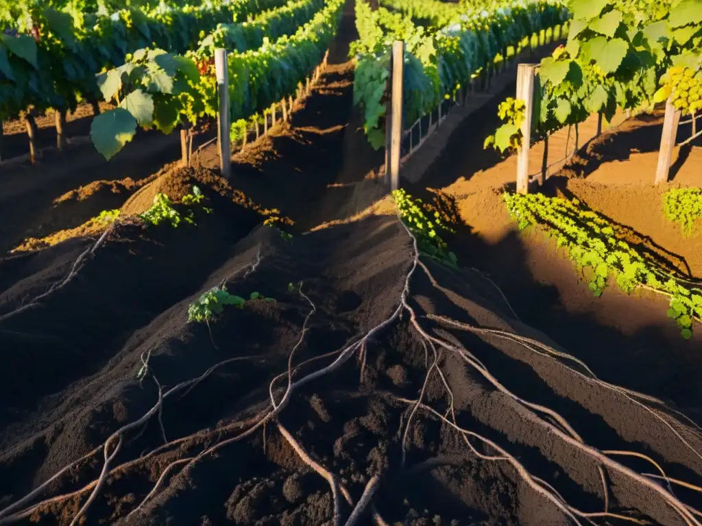 Detalle fascinante de la tierra oscura y fértil de un viñedo italiano, con raíces entrelazadas de vid