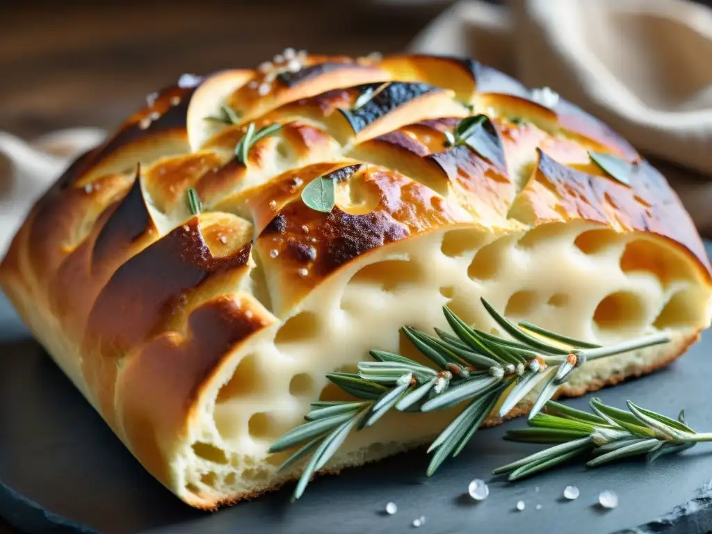 Detalle de Focaccia al Horno de Leña con corteza crujiente y sal marina, mostrando la textura y el proceso artesanal