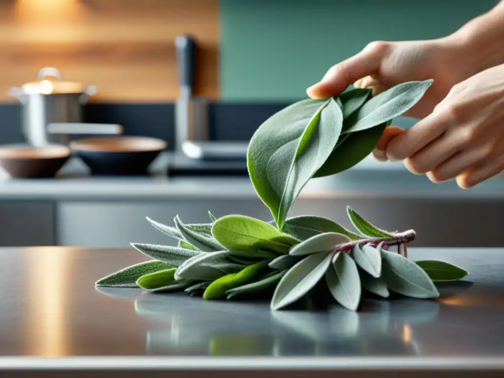 Detalle de salvia fresca siendo picada en una moderna cocina