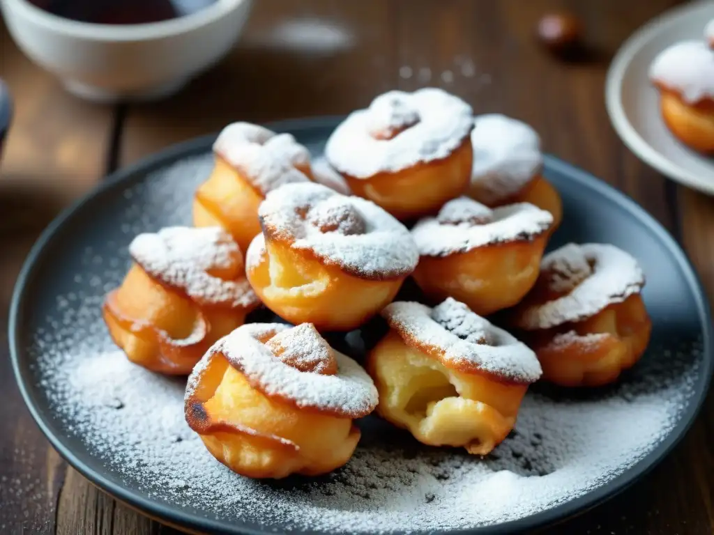 Detalle de Zeppole recién fritas con azúcar glass, en una cocina italiana nostálgica