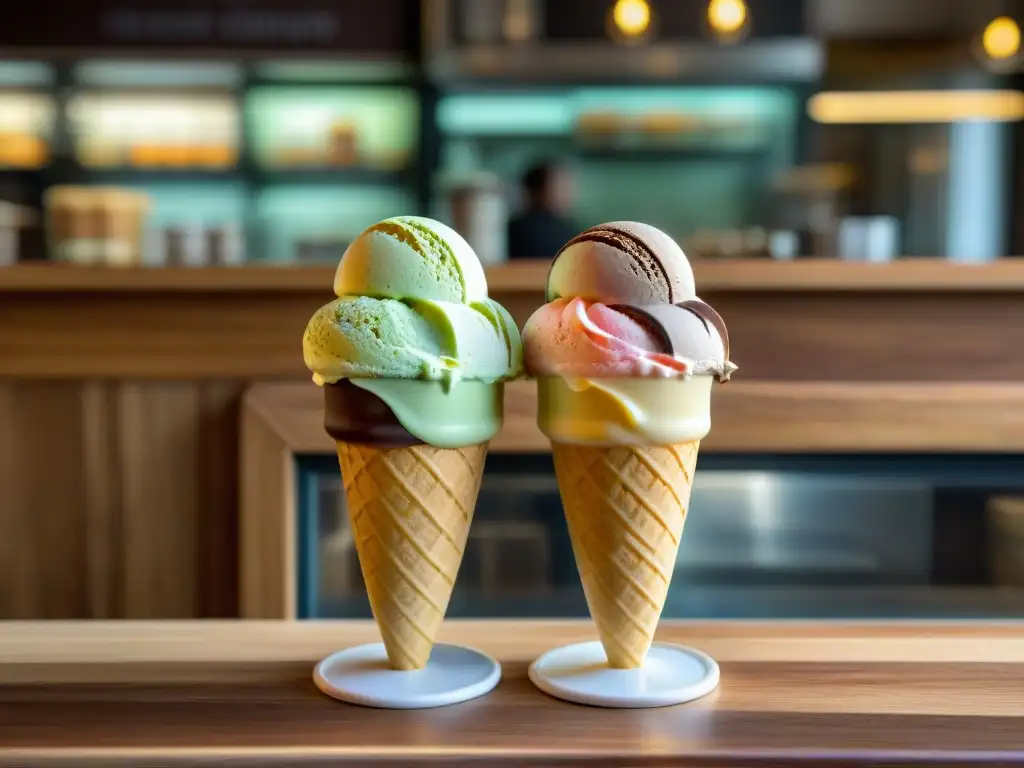 Detalle de gelato y helado: contraste de texturas, colores y presentación en una gelatería vintage