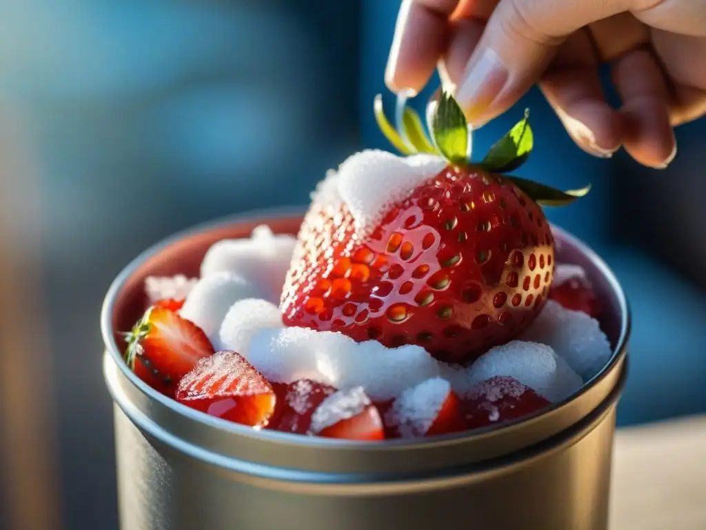 Detalle de una granita roja siciliana en un recipiente metálico, refrescante y vibrante para el verano