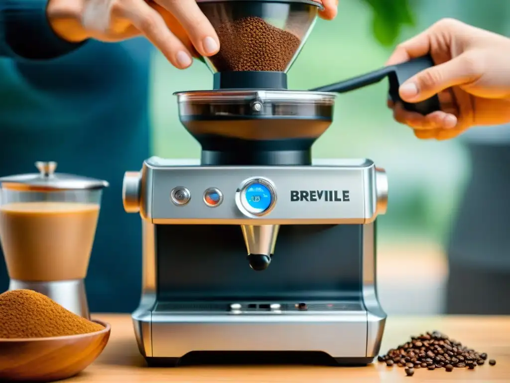 Detalle del Breville Smart Grinder Pro moliendo granos de café para espresso, gadget para preparar espresso en casa