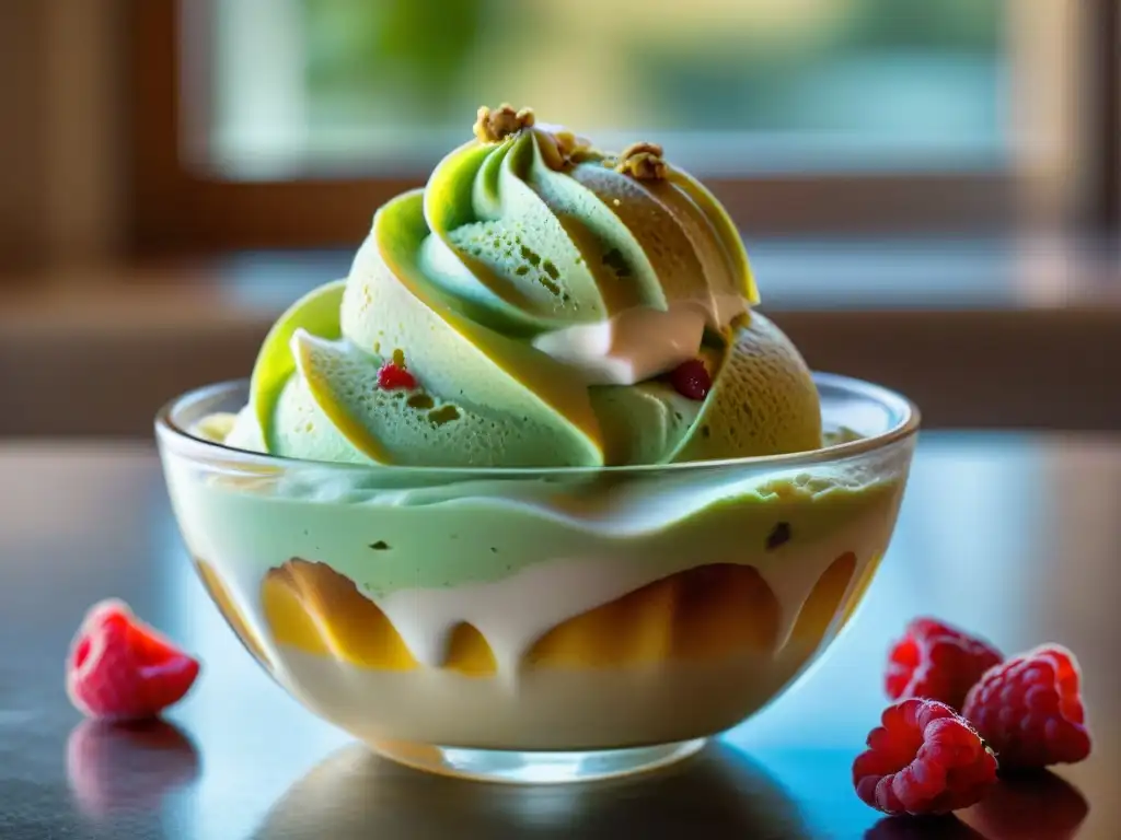 Detalle de helado artesanal italiano en cuenco vintage con frutas frescas y miel, en cocina rústica