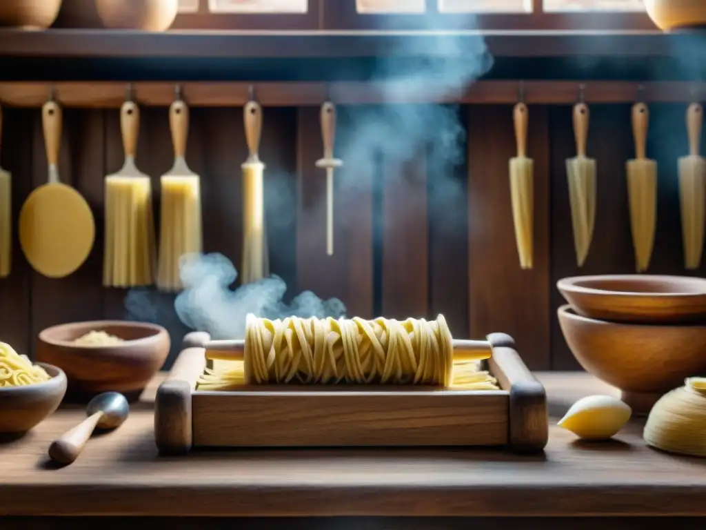 Detalle histórico de antiguas herramientas y técnicas de pasta en cálida luz natural