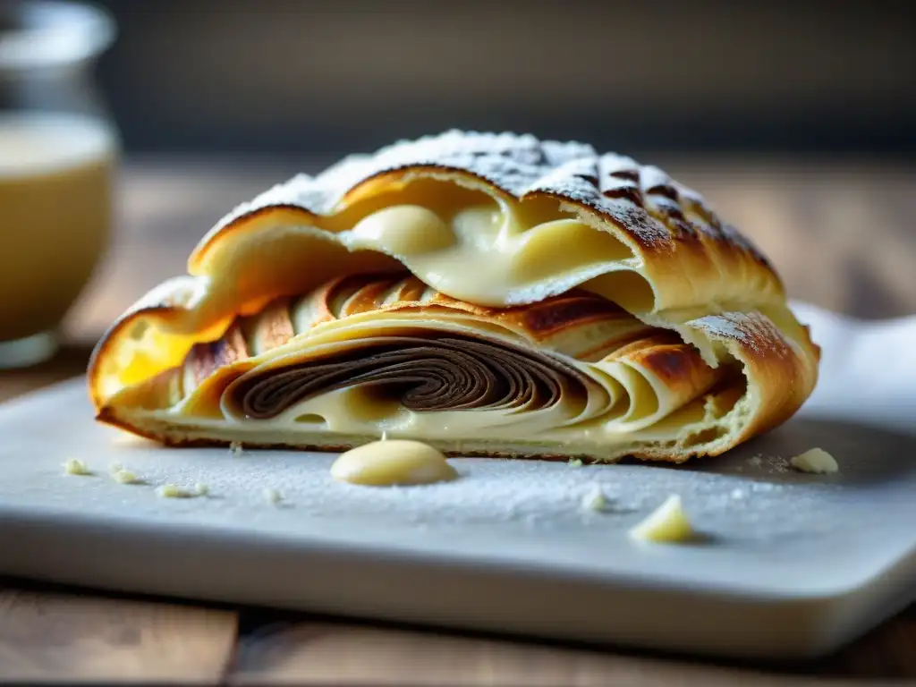 Detalle de una sfogliatella recién horneada, con su capa dorada y relleno de ricotta