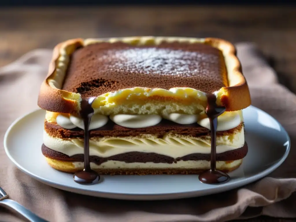 Detalle de un tiramisú recién horneado con capas de crema de mascarpone, bizcochos de café y cacao