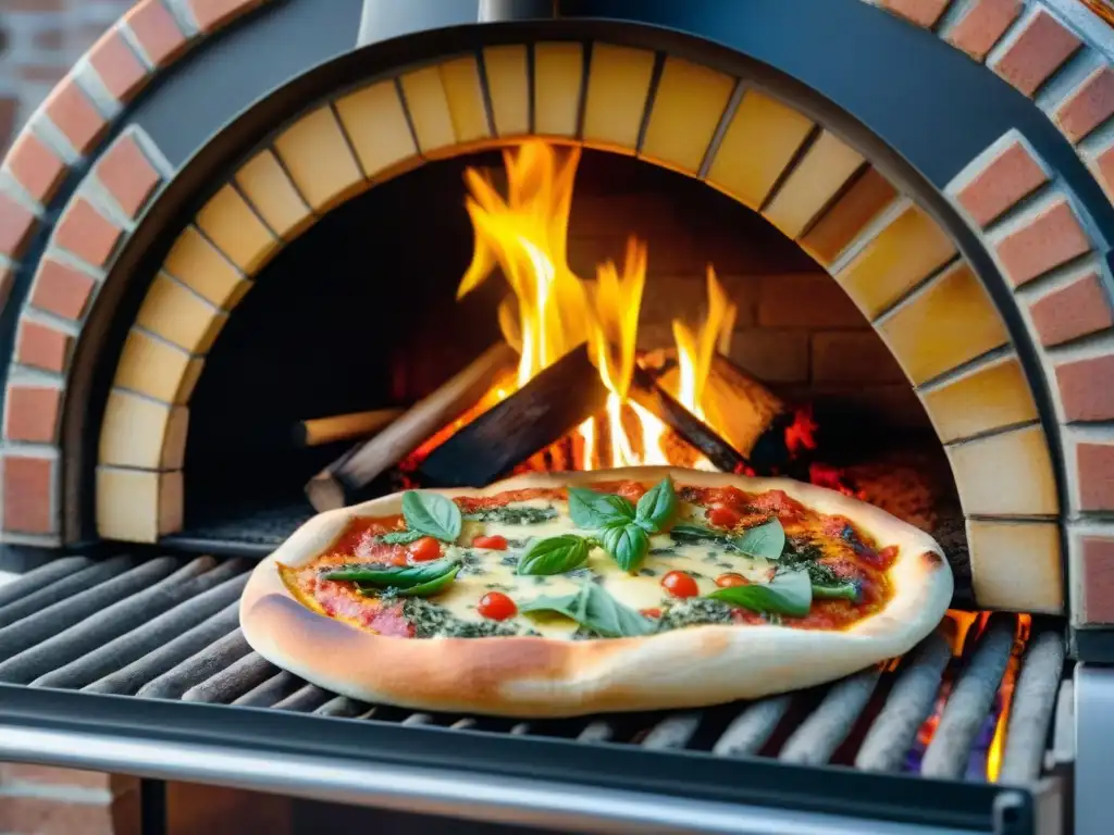 Detalle de horno de leña italiano con azulejos, llamas y pala de pizza, evocando calidez y tradición en la cocina italiana