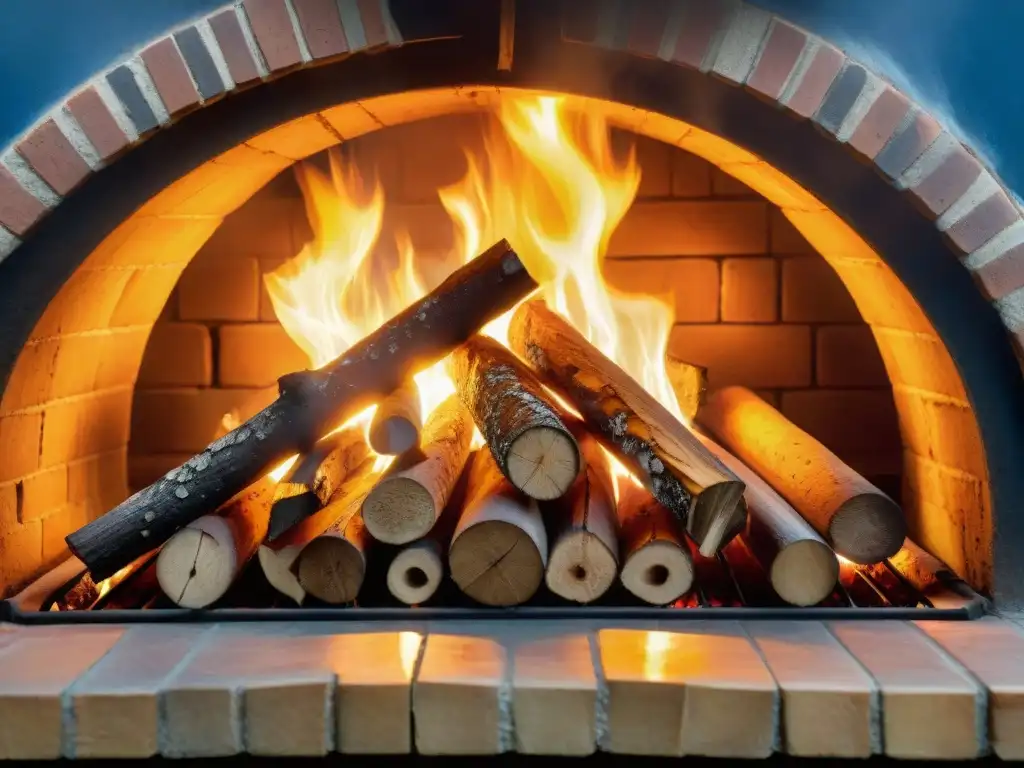 Detalle de un horno de leña italiano con llamas danzantes sobre ladrillos rústicos, en un atardecer mágico