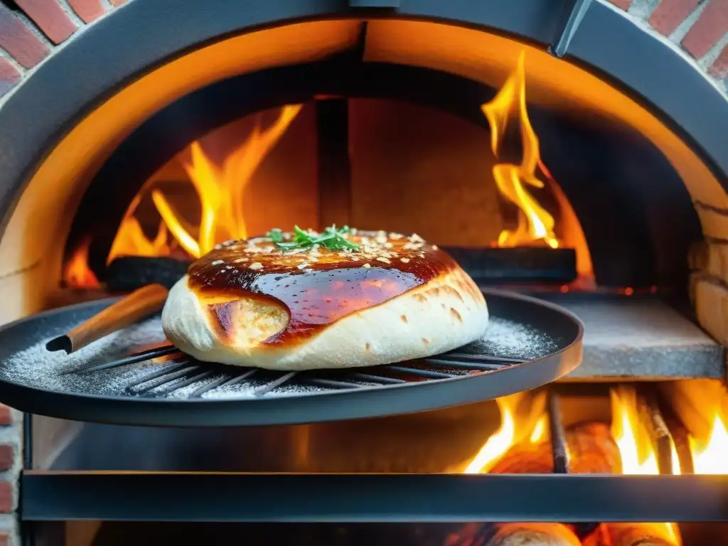 Detalle de un horno de leña tradicional con platos horneándose, resaltando la temperatura y texturas doradas de la comida