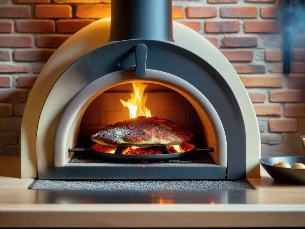 Detalle del horno de leña tradicional en una cocina rústica, con ladrillos y llamas danzantes