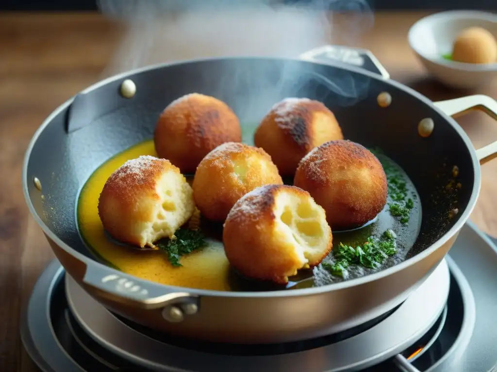 Detalle impresionante de arancini dorados y crujientes friendo en aceite burbujeante en cocina italiana tradicional