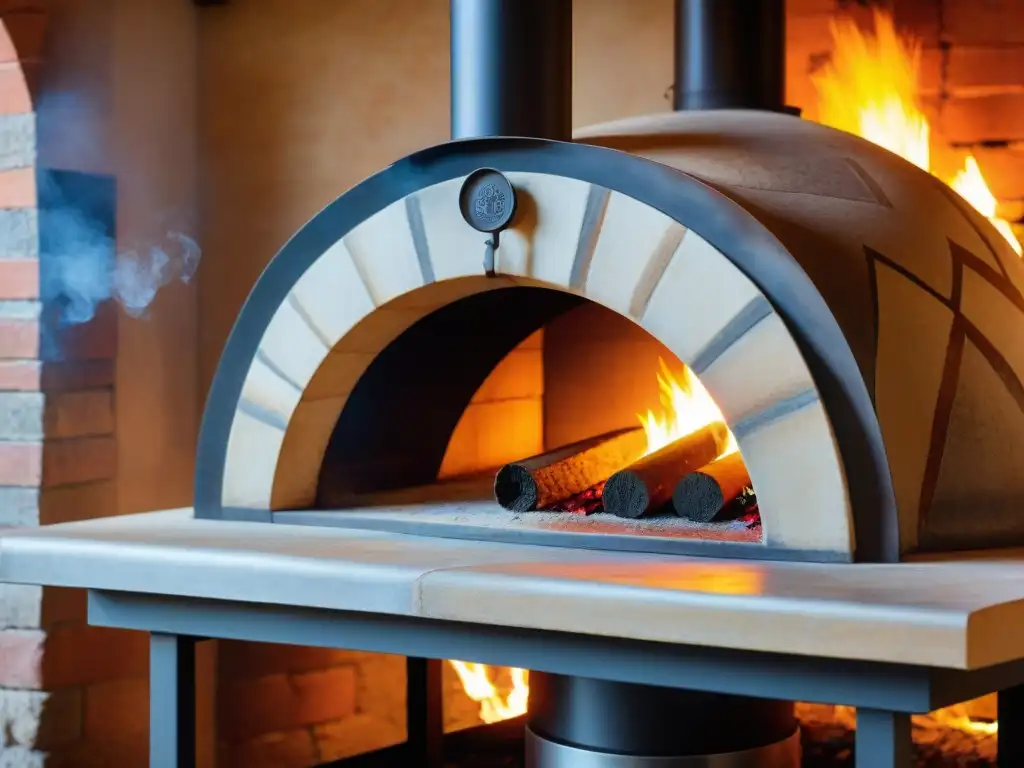 Detalle impresionante de un horno de leña italiano, con azulejos artesanales y humo delicado al atardecer