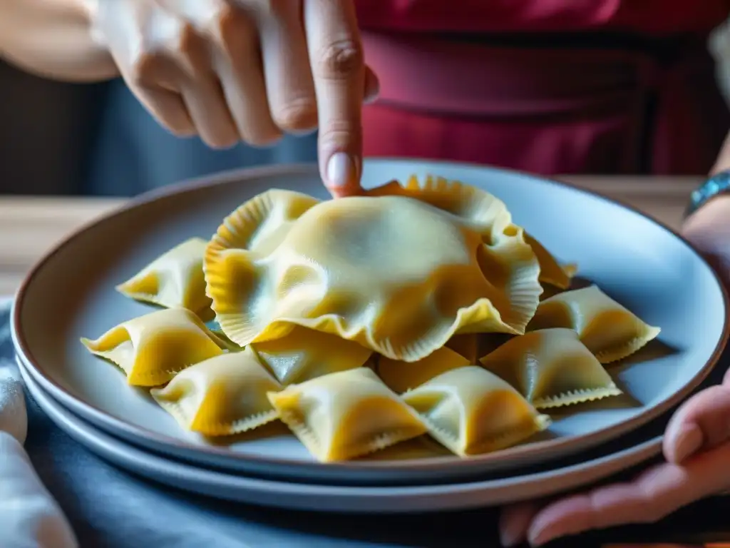 Detalle impresionante de mano conservando raviolis pasta fresca, resaltando colores, texturas y arte culinario