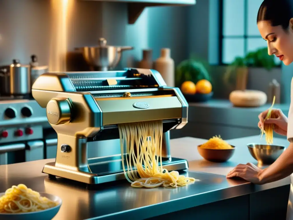 Detalle impresionante de un moderno gadget de cocina italiana extrayendo espaguetis frescos