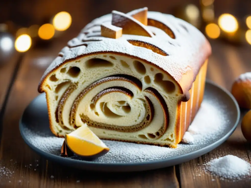 Detalle impresionante del Pandoro, con capas suaves y azúcar glas