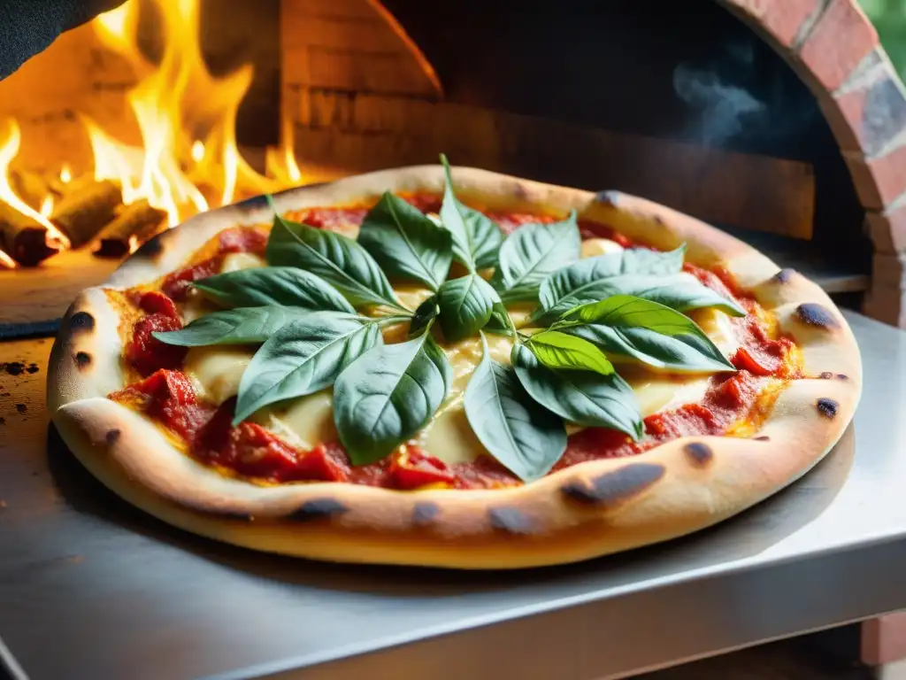 Detalle impresionante de una pizza perfecta saliendo del horno de leña con los secretos pizza perfecta técnicas expertos