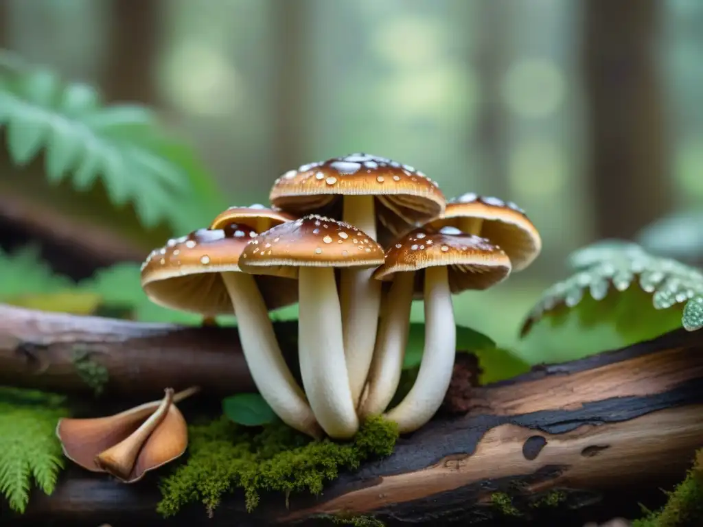 Detalle impresionante de setas Porcini italianas recién cosechadas con gotas de rocío, en un bosque