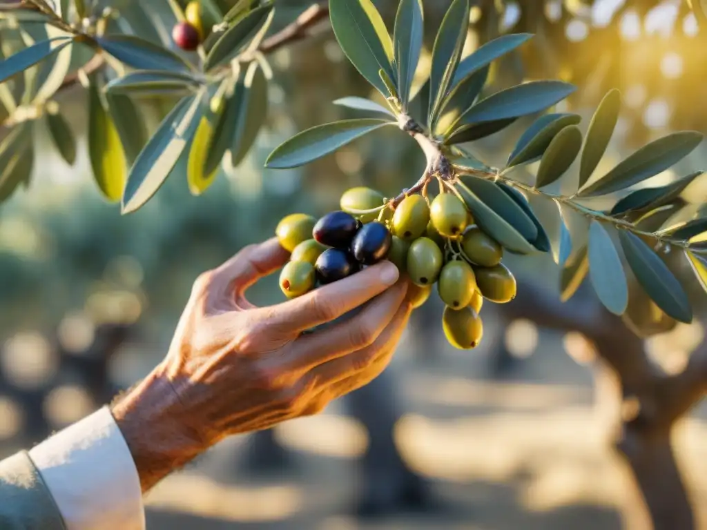 Detalle íntimo de manos recolectando aceitunas entre antiguos olivos, reflejando la producción aceite oliva tradicional