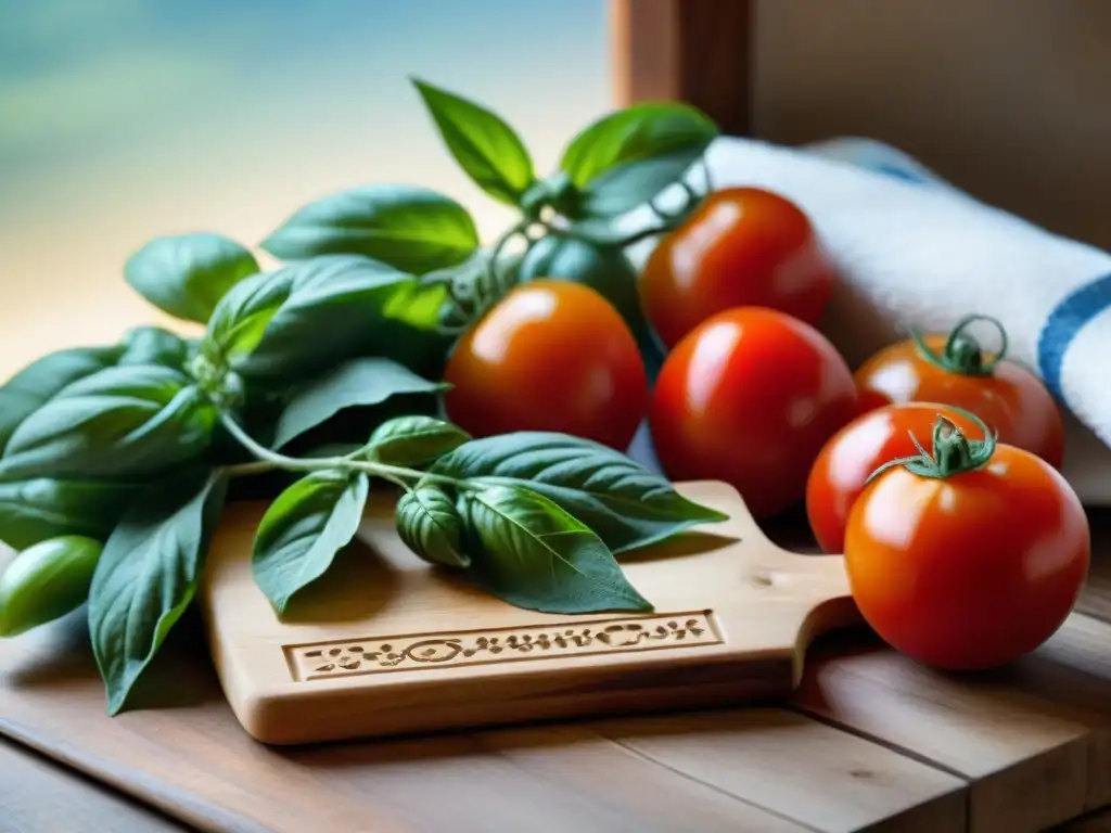 Detalle íntimo de tabla de cortar de madera con ingredientes frescos para recetas tradicionales cocina italiana