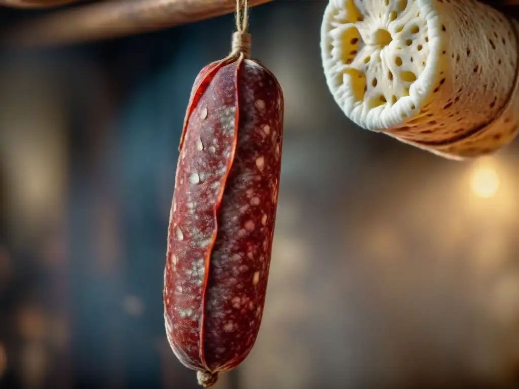 Detalle de un salami italiano en una bodega, destacando la fermentación, los embutidos y su único sabor artesanal