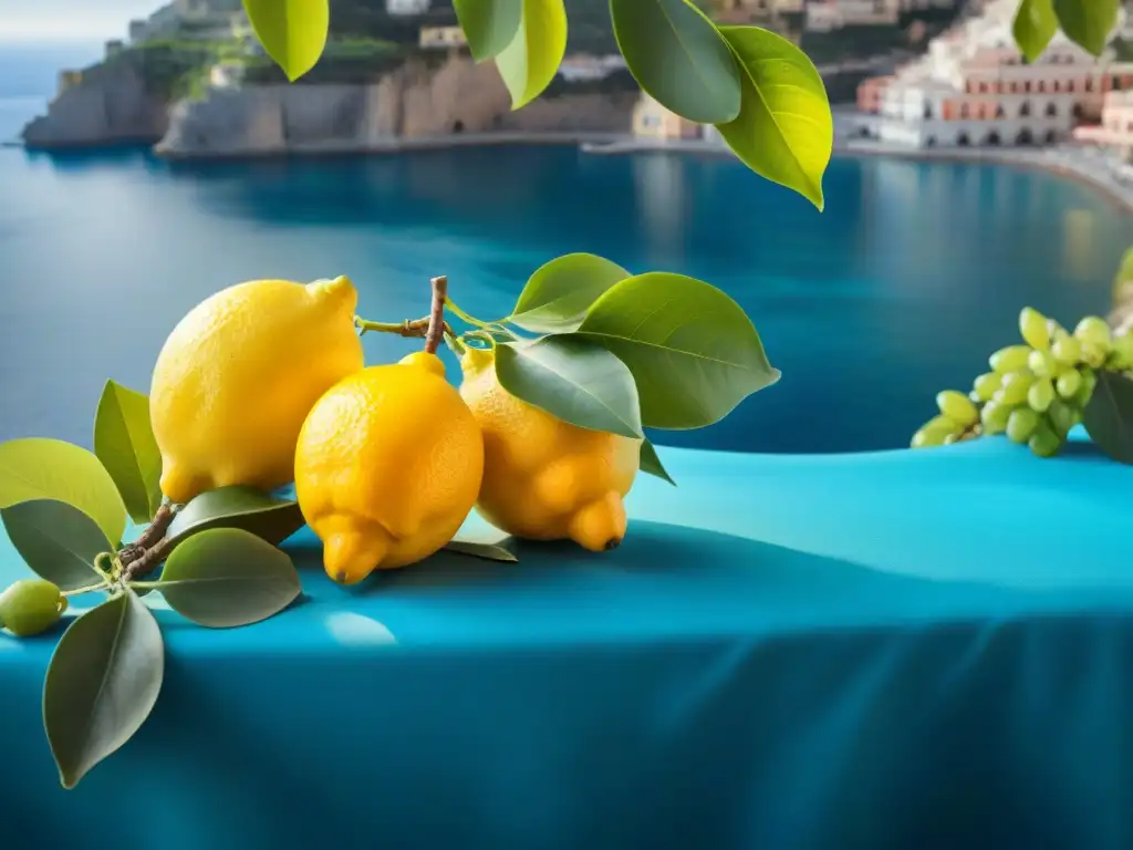 Detalle de limones Amalfi recién cosechados, contra costa escarpada