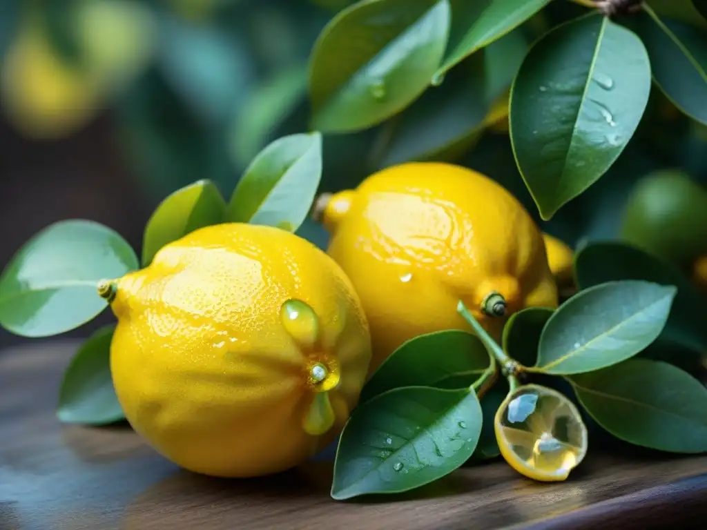 Detalle de limones amarillos vibrantes recién cosechados con gotas de agua, en un árbol de limón verde