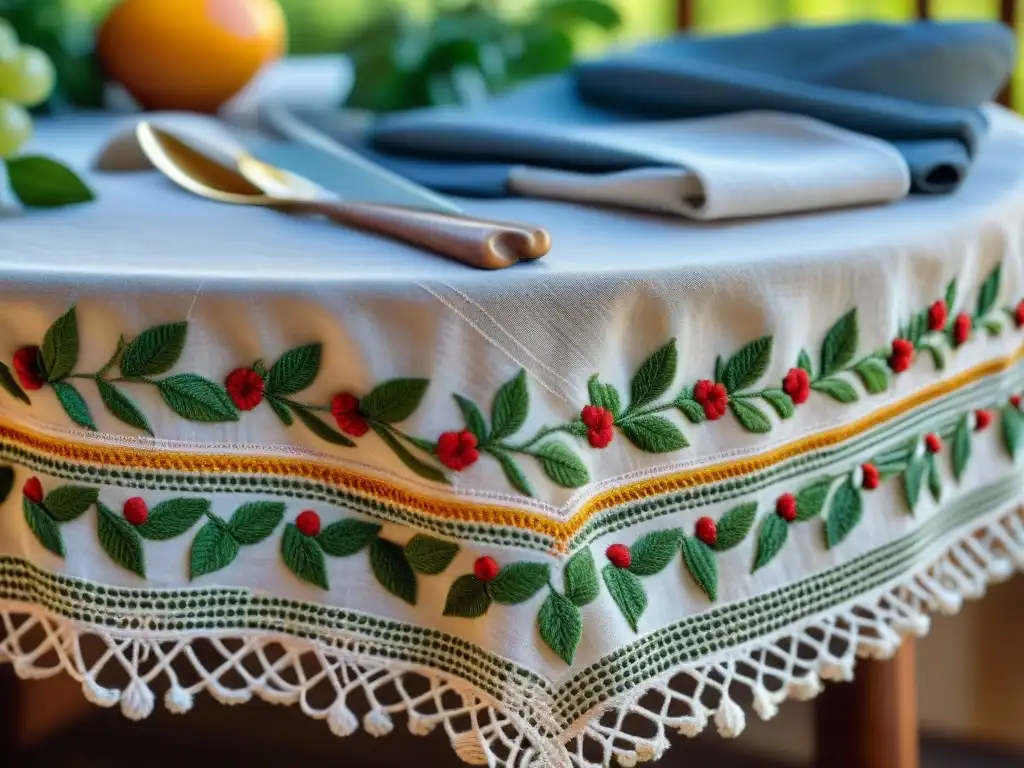 Detalle lujoso de un mantel italiano bordado en alta resolución, resaltando la calidad y sofisticación de los textiles de cocina italianos lujo