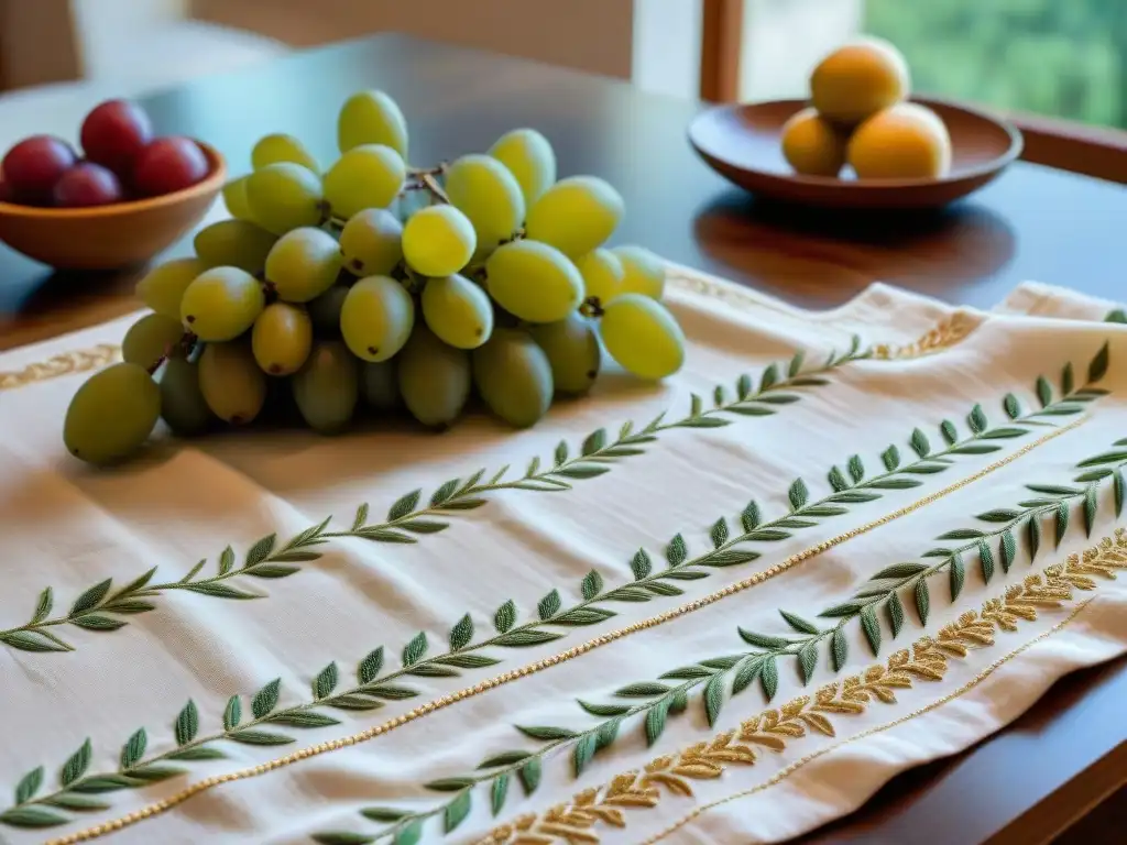 Detalle lujoso de un mantel italiano de lino con bordados tradicionales de ramas de olivo y arquitectura romana