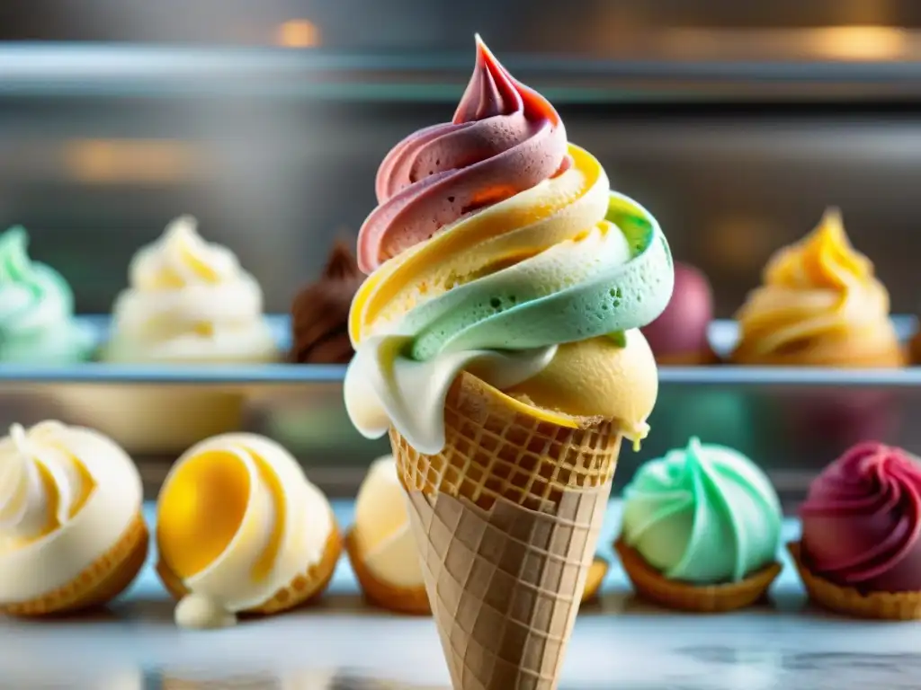 Detalle de un maestro heladero creando un cono de gelato vibrante en una gelatería tradicional