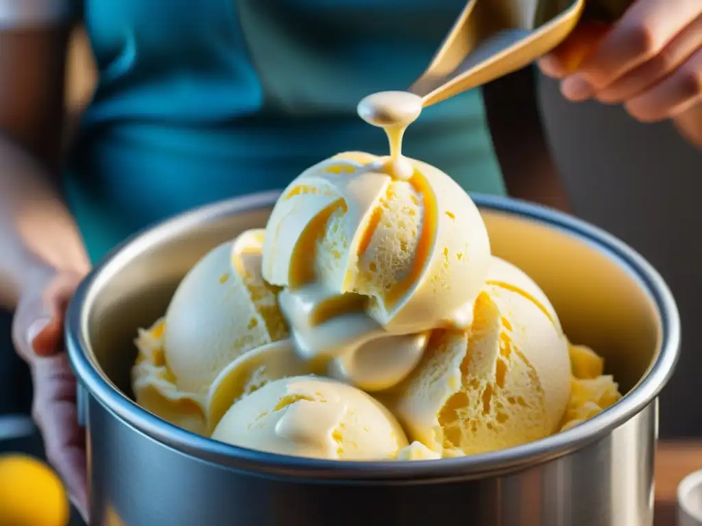 Detalle de mano mezclando gelato casero en máquina vintage, resaltando textura y frescura