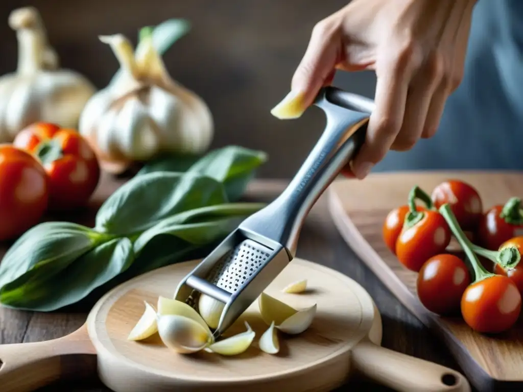 Detalle de una mano usando una prensa de ajo italiana personalizada sobre tabla de madera rústica, rodeada de ingredientes frescos