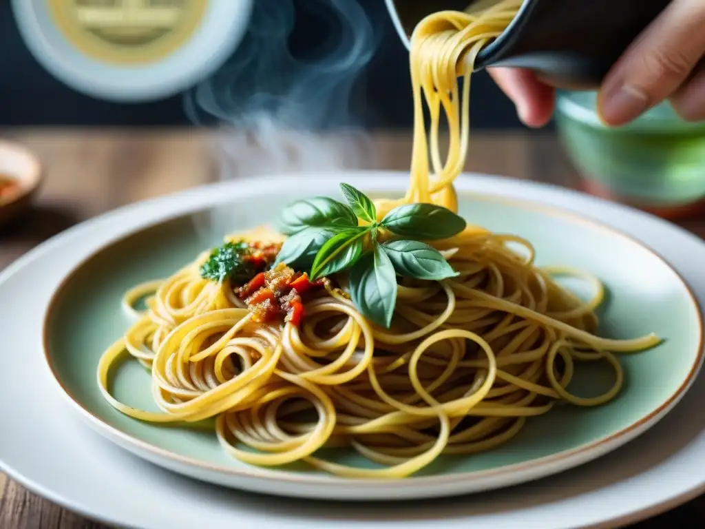 Detalle de una mano usando utensilios italianos para platos caseros con spaghetti aglio e olio