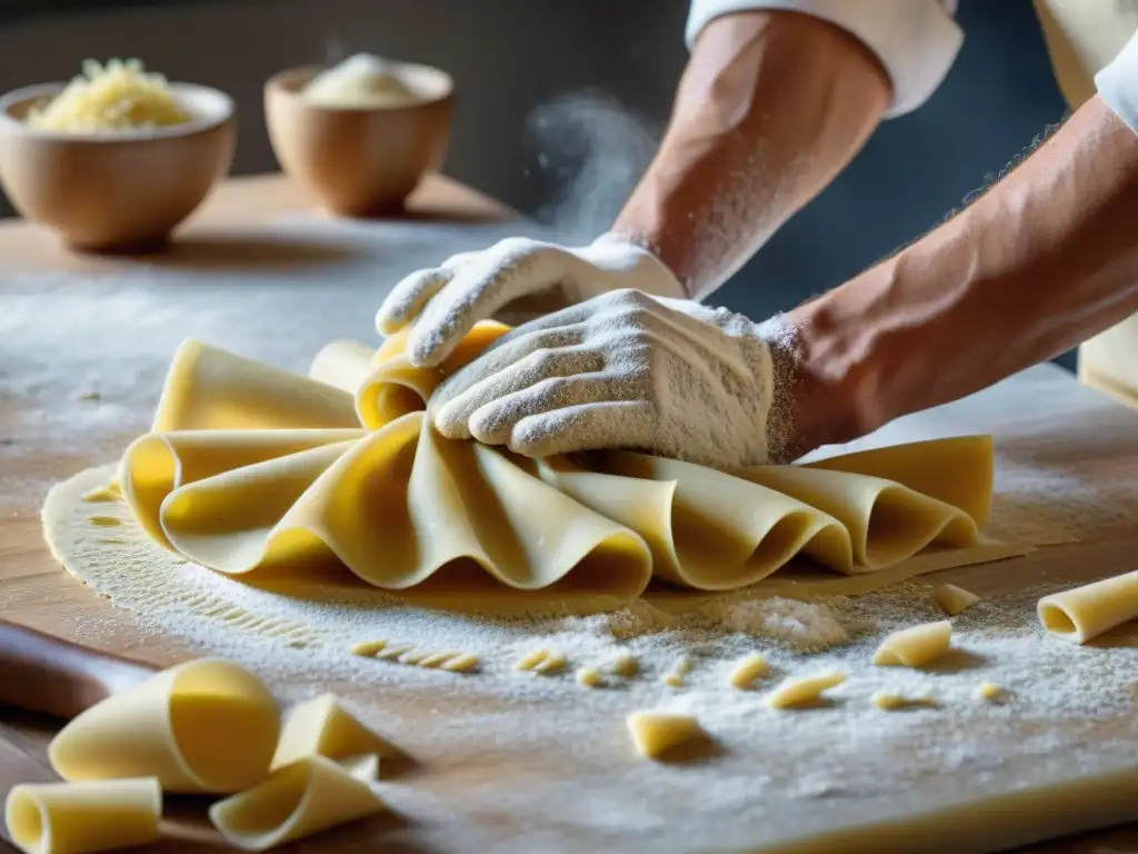 Detalle de manos de chef amasando pasta fresca en mármol, rodillo de madera y harina