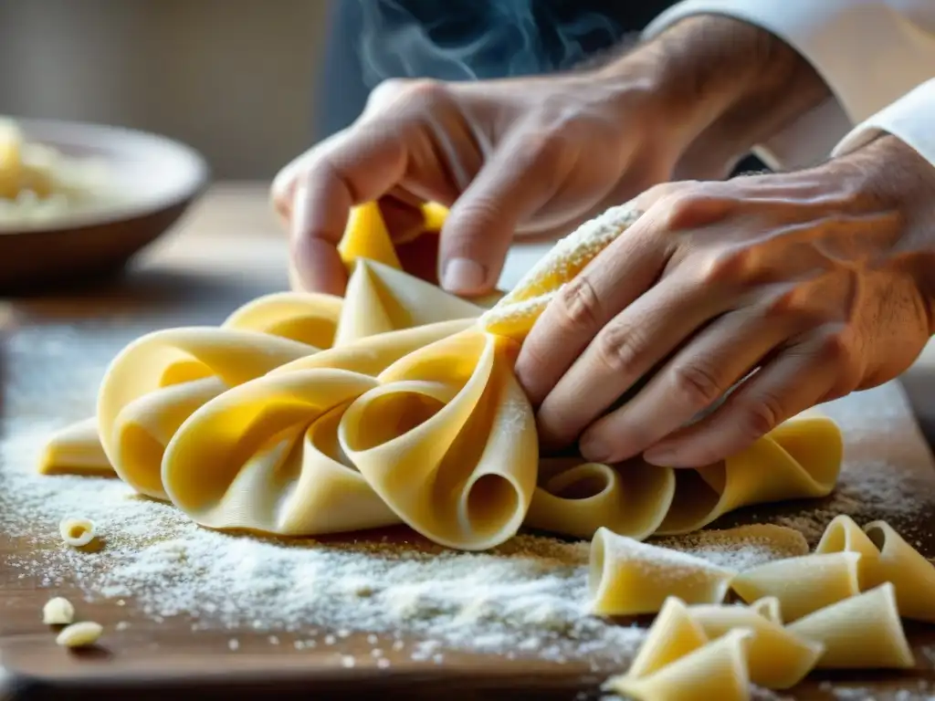 Detalle de manos expertas de chef italiano en la creación de pasta, revelando secretos de la pasta italiana