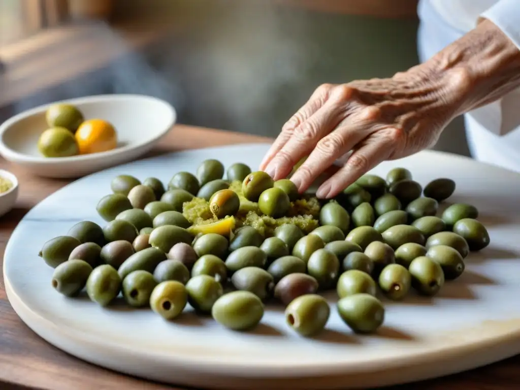 Detalle de manos expertas en cocina italiana, rellenando aceitunas verdes con ajo, hierbas y cáscara de cítricos