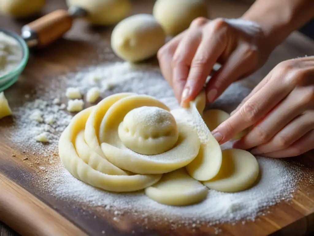 Detalle de manos expertas formando gnocchi de patata en una receta casera auténtica