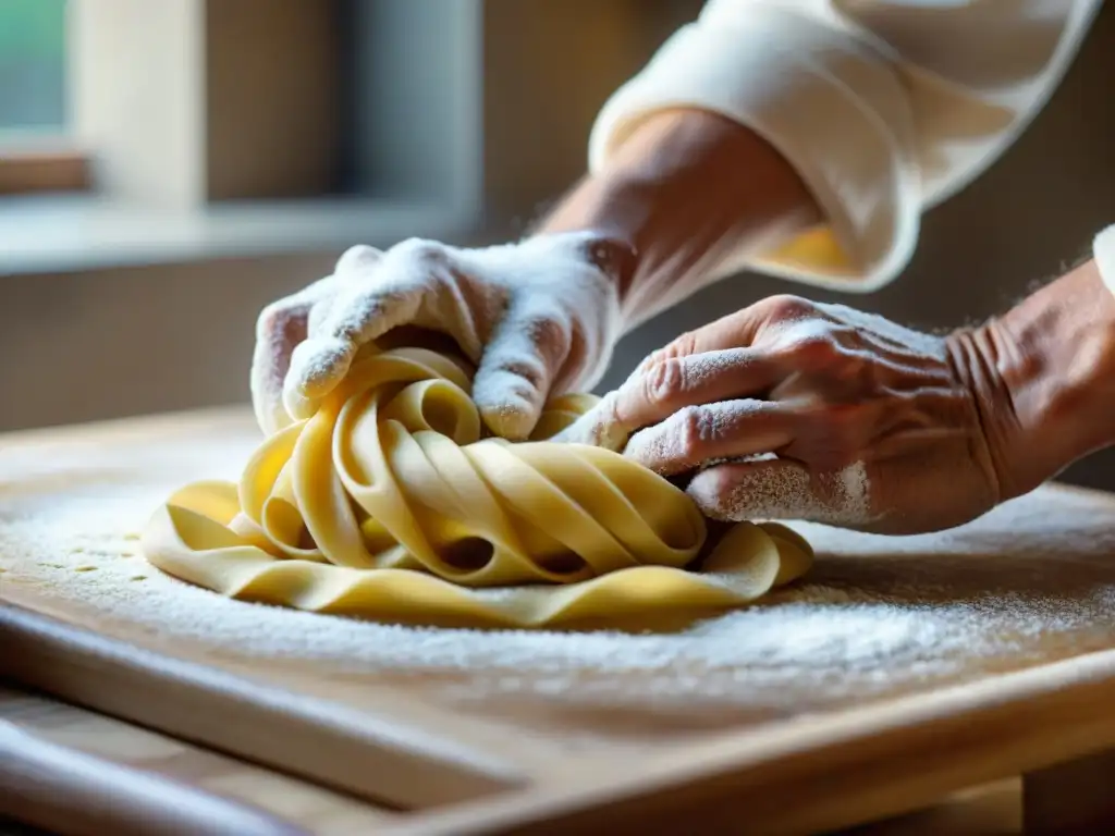 Detalle de manos expertas amasando masa fresca de pasta, reflejando la artesanía de la pasta italiana paso a paso