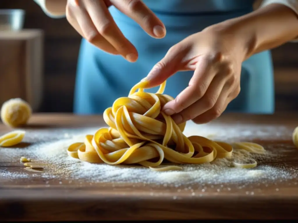 Detalle de manos expertas amasando masa de pasta dorada en encimera rústica, para hacer pasta artesanal italiana paso a paso